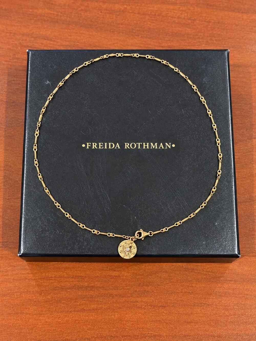 NWT Freida Rothman Signature Bar Link Necklace Sterling Silver Matte Gold 18"
